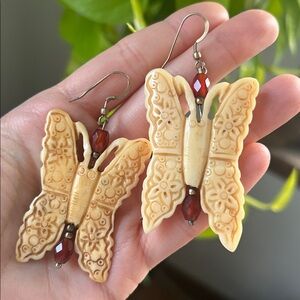 925s Sterling silver carnelian & Bone carved Butterfly Earrings